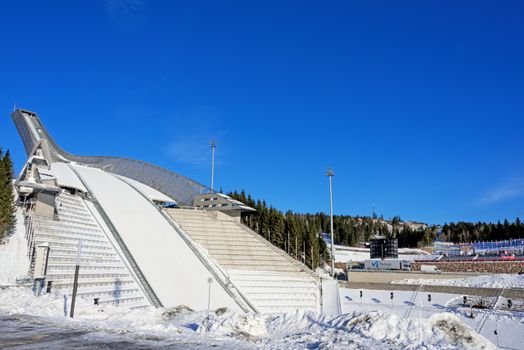 New Holmenkollen ski jump in Oslo Norway at sunny winter day