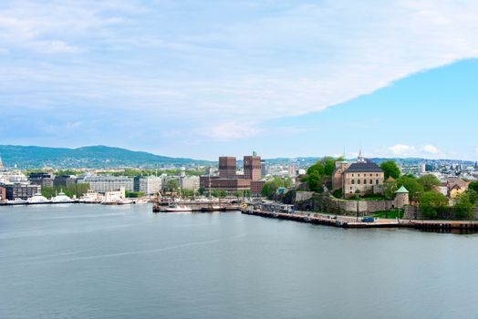 View of Oslo, Norway Radhuset (city hall) and Akershus castle from the sea