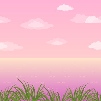 Sea landscape, horizontal seamless, green grass and pink morning sky with clouds.