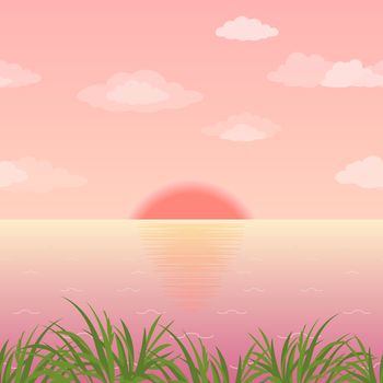 Landscape, sunrise on the sea, green grass and pink morning sky with sun and clouds.