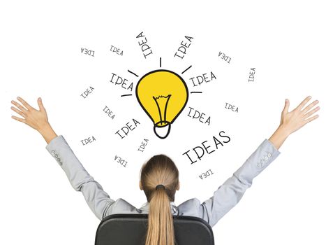 Businesswoman sitting on office chair with her hands outstretched, in front of hand drawn lamp with words Idea around, , on white background