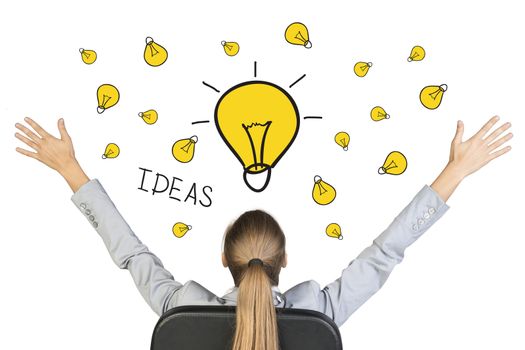 Businesswoman sitting on office chair with her hands outstretched, in front of hand drawn lamps with word Idea, on white background