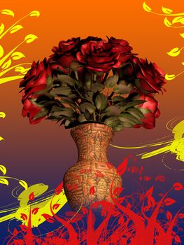 Bouquet of red roses in vase on colorful background with floral patterns
