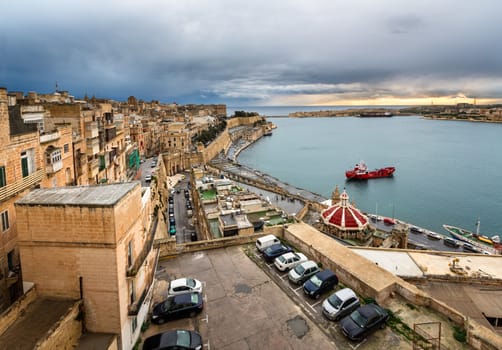 Aerial View on Valletta and Grand Harbour from Barrakka Gerdens, Malta