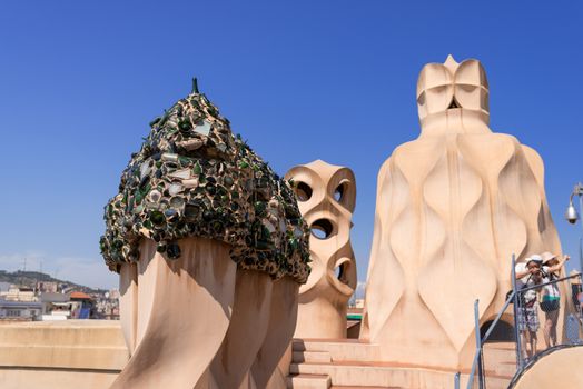 The rooftop of Casa Mila / La Pedrera with its famous chimneys from architect Antonio Gaudi