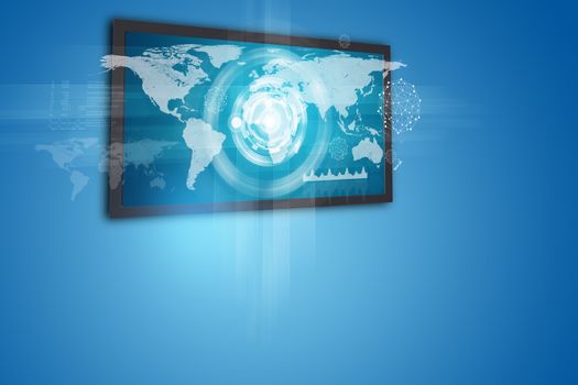 Touchscreen display with world map and circles, on blue background