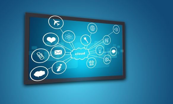 Touchscreen display with icons, on blue background. Element of this image furnished by NASA