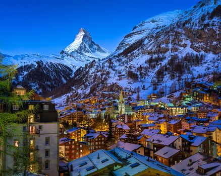 Aerial View on Zermatt Valley and Matterhorn Peak at Dawn, Switzerland