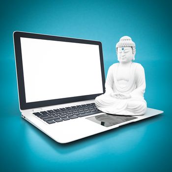 image of a white statue of Buddha on blue background