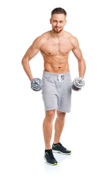 Sport man with dumbbells on the white background