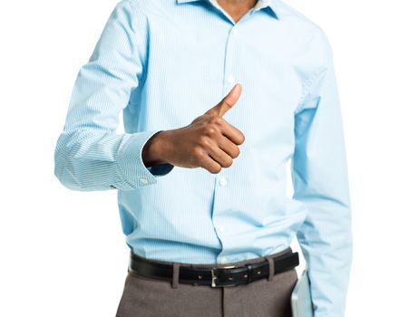 African american college student standing with laptop and finger up on white background
