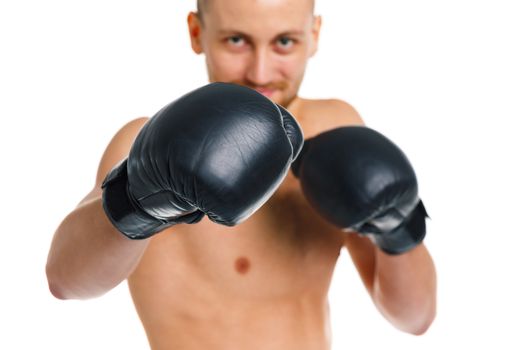 Sport attractive man wearing boxing gloves on the white background