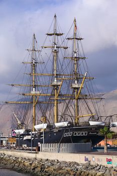 IQUIQUE, CHILE - JANUARY 22, 2015: Replica of the Chilean steam corvette named Esmeralda which was opened as a museum ship in 2011 photographed on January 22, 2015 in Iquique, Chile. The ship Esmeralda sank in the battle of Iquique in 1879. 
