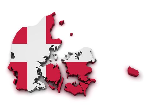 Shape 3d of Denmark map with flag isolated on white background.