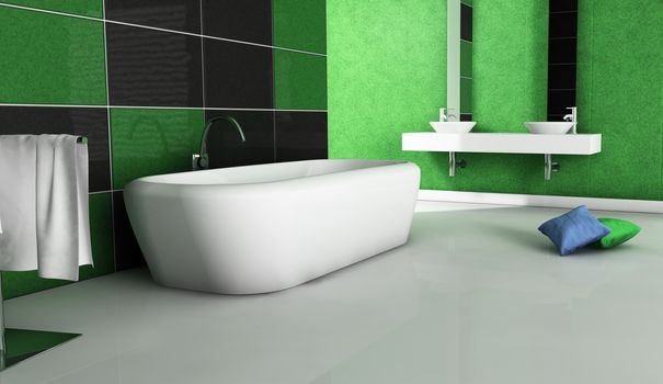 Contemporary bathroom with modern design and furniture, colored in green, black and white, 3d rendering.