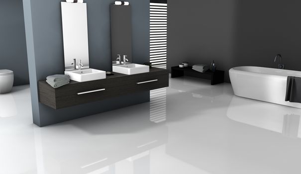 Home interior of a contemporary bathroom with modern design and furniture, 3d rendering.