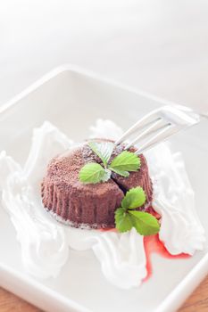 Chocolate lava with whipped cream and strawberry sauce, stock photo