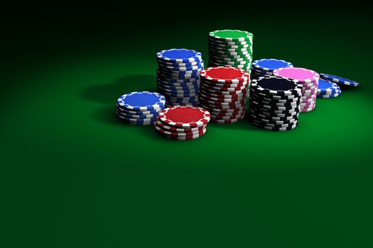 Gambling casino chips stacked on green table. Great background for poker magazines, banners, webpages, flyers, etc.