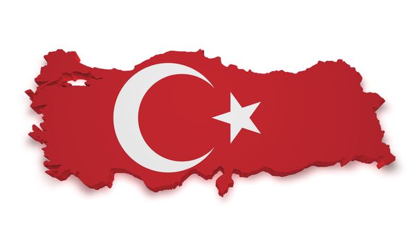 Shape 3d of Turkey map with flag isolated on white background.