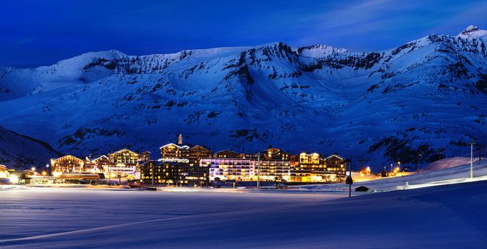 Evening landscape and ski resort in French Alps,Tignes, Tarentaise, France 