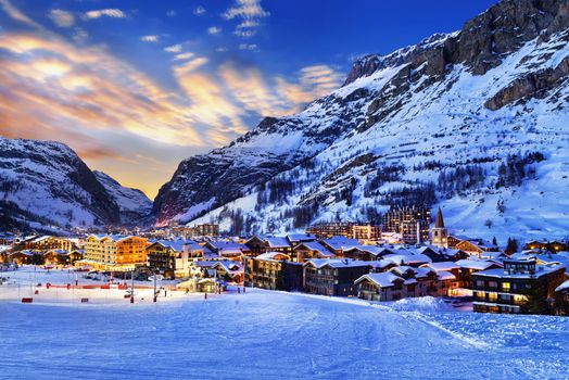 Famous and luxury place of Val d'Isere at sunset, Tarentaise, Alps, France