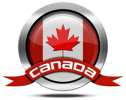 Metal icon or symbol with Canadian flag and red ribbon with text Canada. Isolated on white background