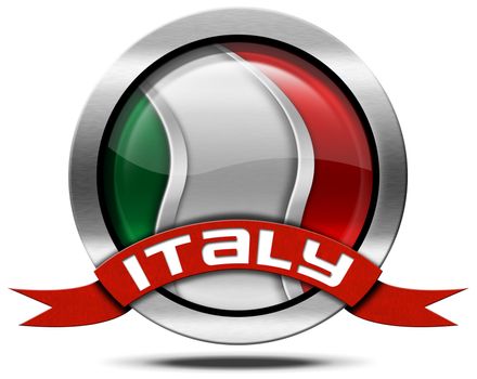 Metal icon or symbol with Italian flag and red ribbon with text Italy. Isolated on white background