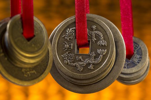 Antique Chinese coins in a hotel in Beijing in China.