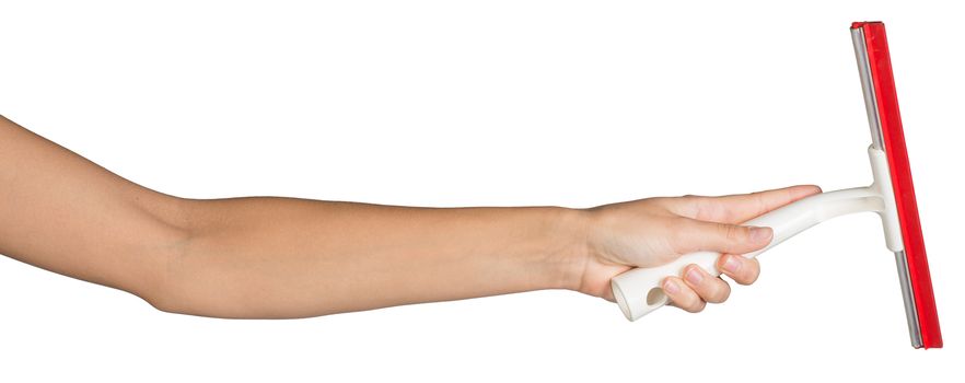 Female hand, bare, holding squeegee, isolated over white background