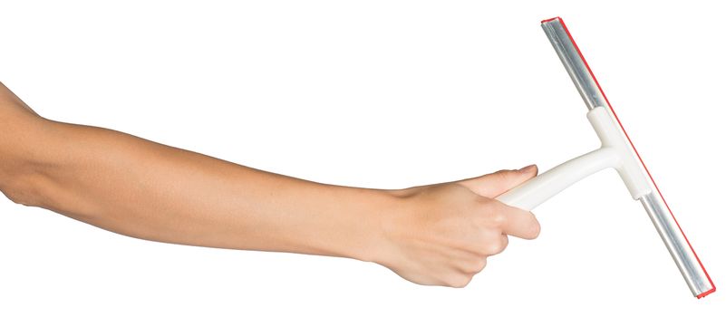 Female hand, bare, holding squeegee, isolated over white background