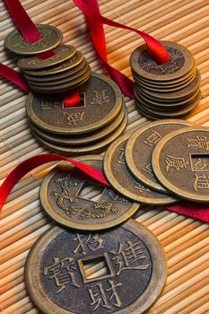 Antique Chinese coins in a hotel in Beijing in China.