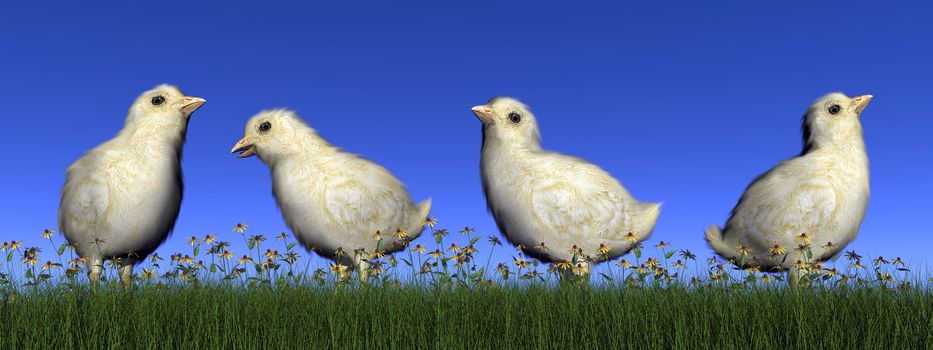 Four chicks in the grass with flowers by day - 3D render