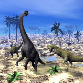 Allosaurus attacking brachiosaurus dinosaur in the desert - 3D render