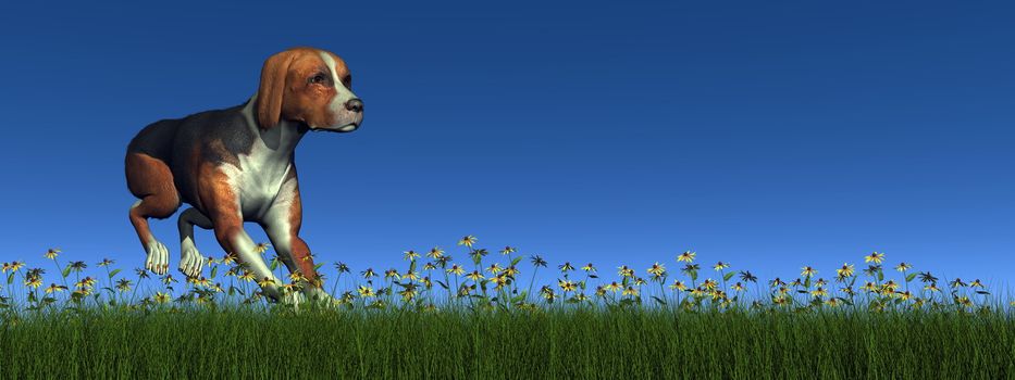 Hound dog running in the green grass with flowers - 3D render