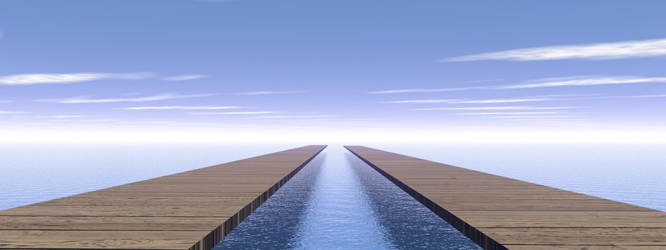 Old wooden pontoons leading to same direction to the horizon upon water by blue day