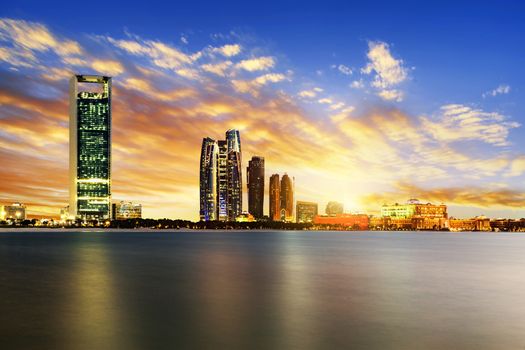 Panorama of Abu Dhabi at night, capital of United Arab Emirates 