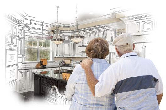 Senior Couple Looking Over Custom Kitchen Design Drawing and Photo Combination.