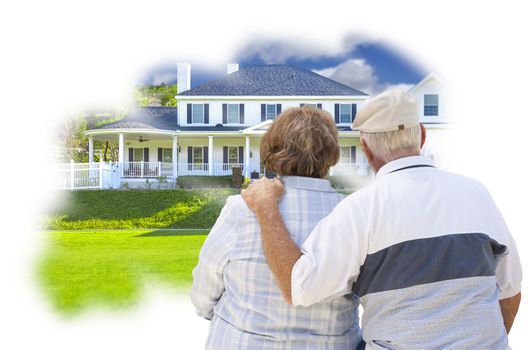 Daydreaming Senior Couple Over Custom Home Photo Inside Thought Bubble.