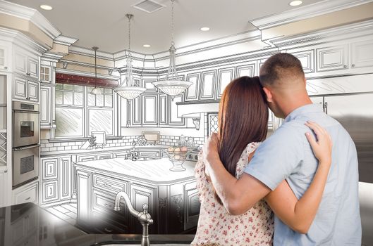 Young Military Couple Looking Inside Custom Kitchen and Design Drawing Combination.