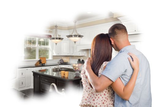 Daydreaming Young Military Couple Over Custom Kitchen Photo Inside Thought Bubble.