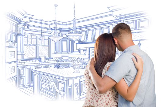 Curious Young Military Couple Looking Over Custom Kitchen Design Drawing.