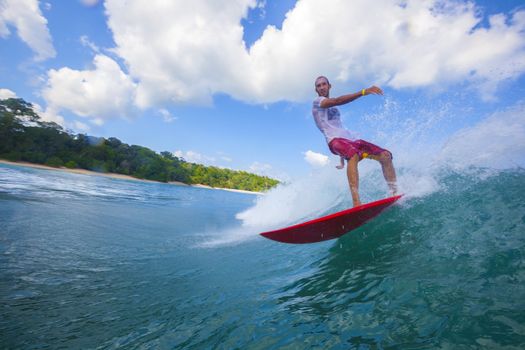 Surfer on Amazing Blue Wave, Bali island.