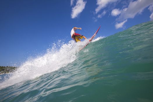 Surfer on Amazing Blue Wave, Bali island.