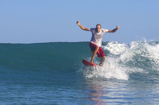 Surfer on Amazing Blue Wave, Bali island.