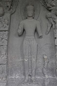 Sculpture of Lord Buddha at Ajanta Cave 4 porch, Ajanta, Aurangabad, Maharashtra, India