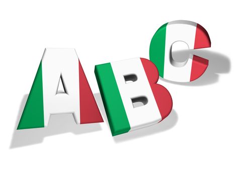 Italian language school and education concept with the letters ABC and the Italy flag colours on white background.