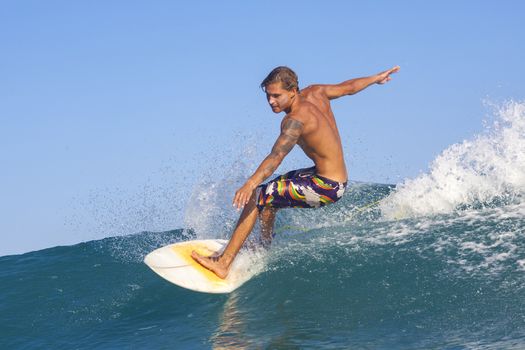 Surfer on Amazing Blue Wave, Bali island.