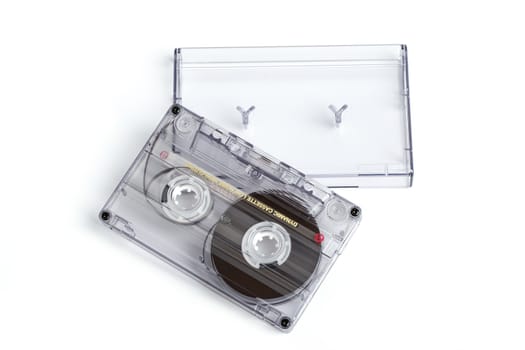 close up of vintage audio tape cassette isolated on white