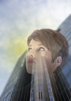 Double exposure of business woman with office building
