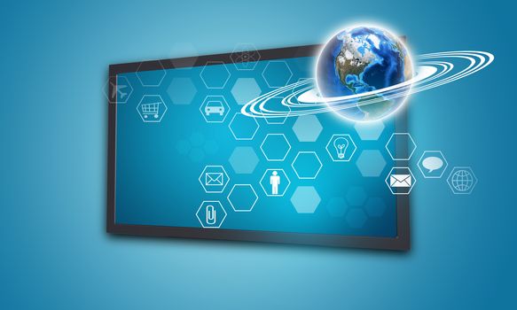 Touchscreen display with Globe and hexagons with icons, on blue background. Element of this image furnished by NASA